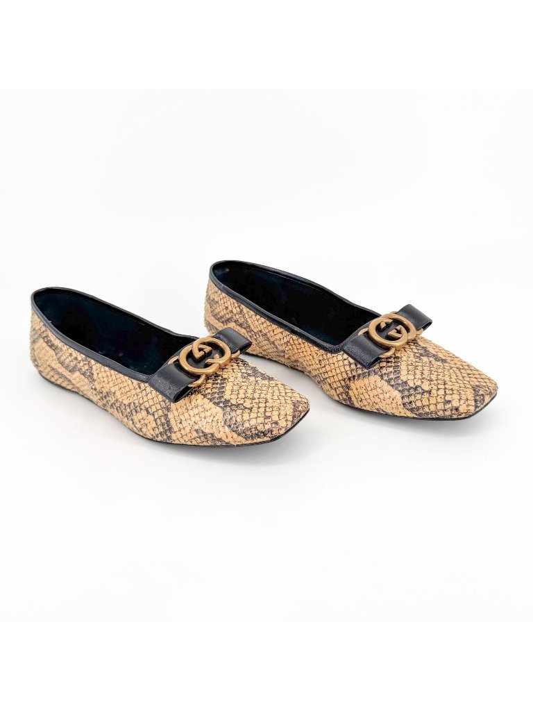 Gucci Evi Interlocking Gg Ballet Flats Size 37.5 Us 7.5 Beige Python Snake Logo